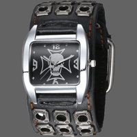 Montre bracelet large Tête de mort croix de malte - Noir -