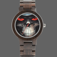 Montre en bois naturel tete de mort aux yeux rouges - Avec