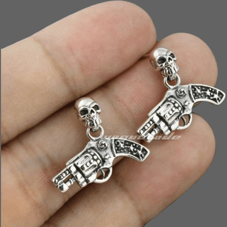 Boucles d’oreilles crane et pistolet en argent - Boucle d 