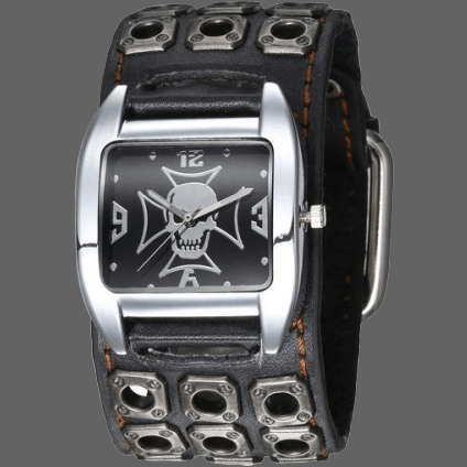 Montre bracelet large Tête de mort croix de malte - Noir - 
