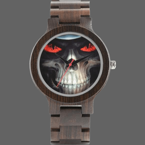 Montre en bois naturel tete de mort aux yeux rouges - Avec 