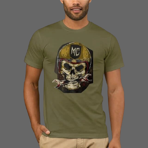 T-shirt tête de mort motard Homme et Femme - Homme, Kaki / S