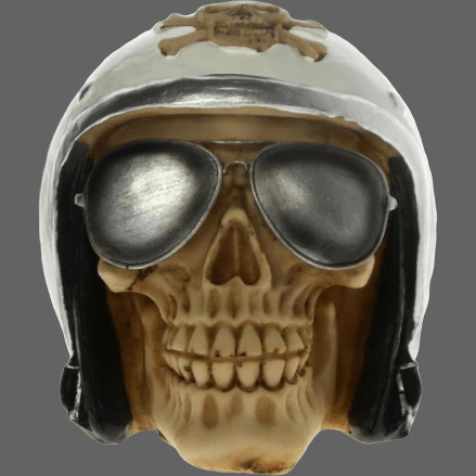 Sculpture tête de mort Biker avec un casque et des lunettes 